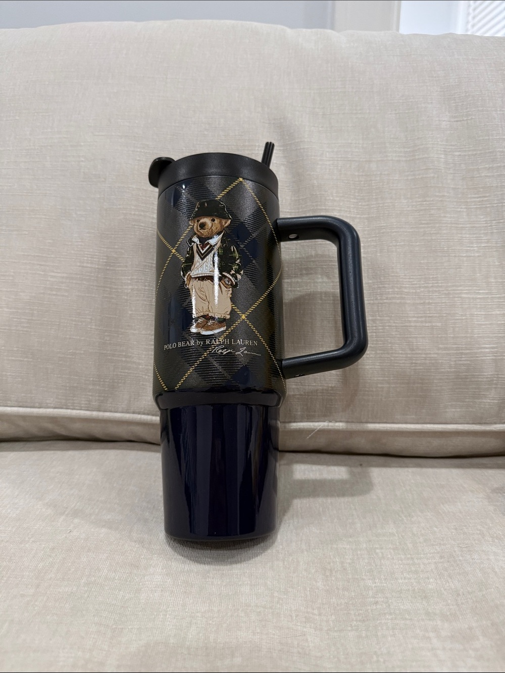 Polo by Ralph Lauren Navy and Tan Bear Travel Mug with Handle